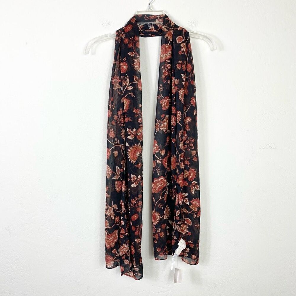 NEW Chico’s Black & Orange Sheer Jacobean Floral Oblong Scarf One Size